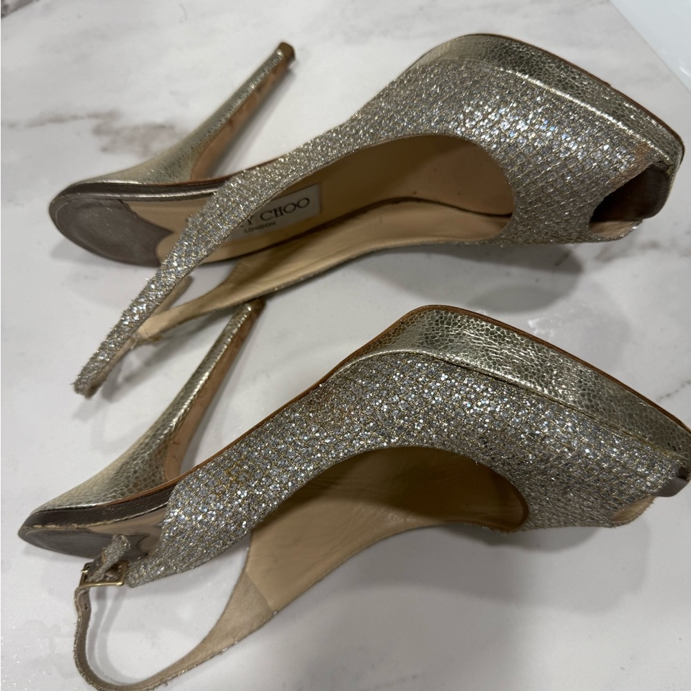 Jimmy Choo Sparkling Silver Peep-Toe Heels